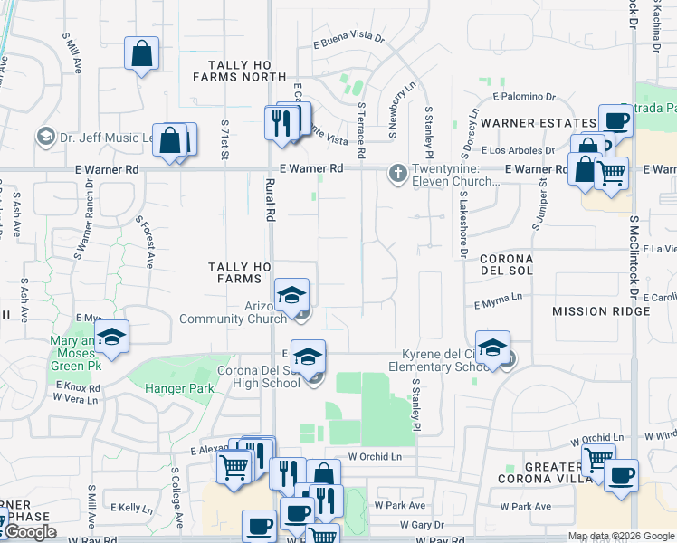 map of restaurants, bars, coffee shops, grocery stores, and more near 1015 East Caroline Lane in Tempe