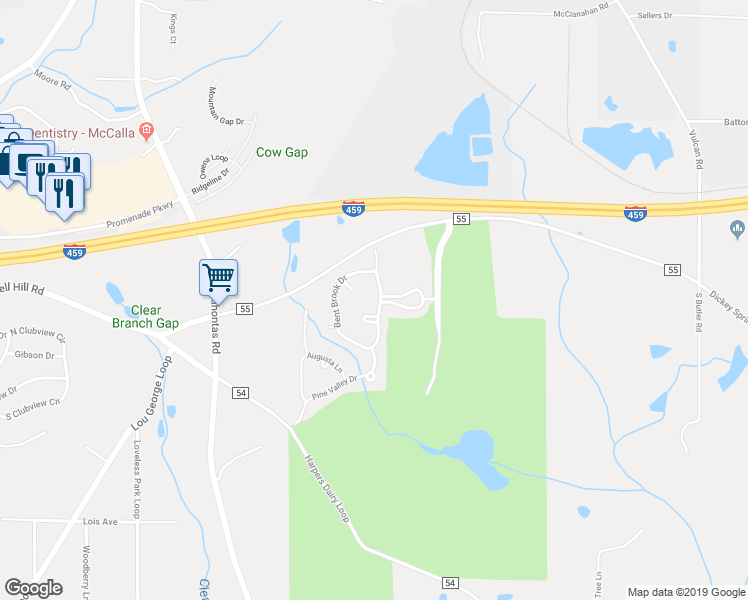 map of restaurants, bars, coffee shops, grocery stores, and more near 6137 Bent Brook Drive in Bessemer