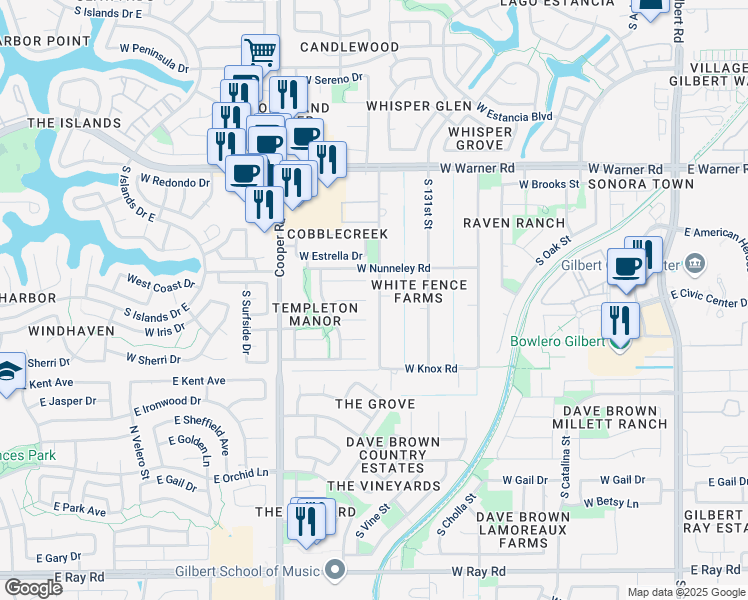 map of restaurants, bars, coffee shops, grocery stores, and more near 1115 South 130th Street in Gilbert