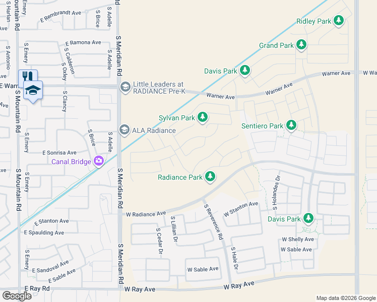 map of restaurants, bars, coffee shops, grocery stores, and more near South Meridian Road in Mesa