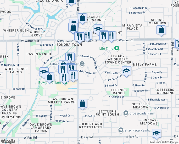 map of restaurants, bars, coffee shops, grocery stores, and more near 90 East Civic Center Drive in Gilbert