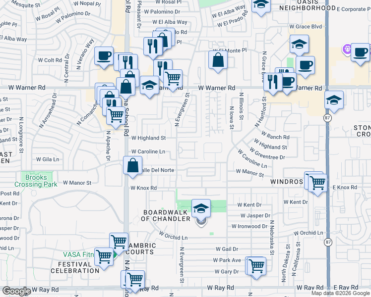 map of restaurants, bars, coffee shops, grocery stores, and more near 1505 North Evergreen Street in Chandler