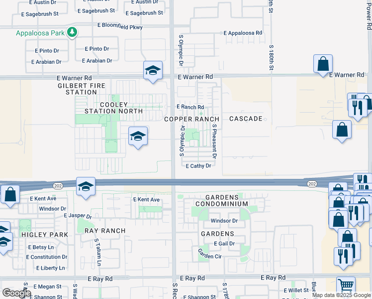 map of restaurants, bars, coffee shops, grocery stores, and more near 1134 South Olympic Drive in Gilbert