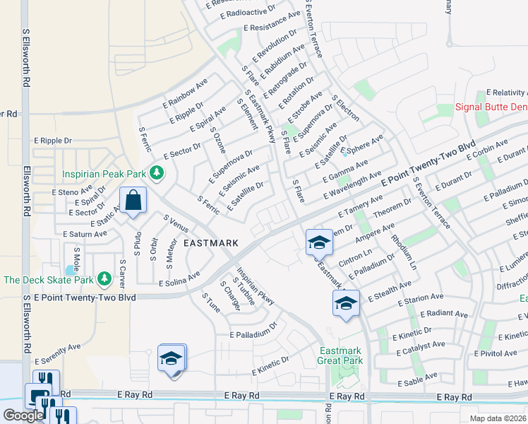 map of restaurants, bars, coffee shops, grocery stores, and more near South Eastmark Parkway in Mesa