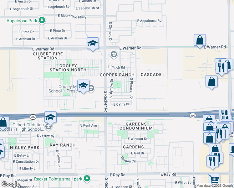 map of restaurants, bars, coffee shops, grocery stores, and more near 4101 East Devon Drive in Gilbert