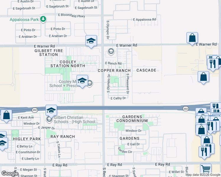 map of restaurants, bars, coffee shops, grocery stores, and more near 1134 South Olympic Drive in Gilbert