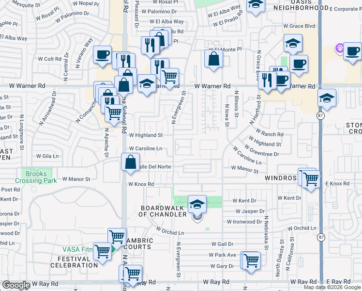 map of restaurants, bars, coffee shops, grocery stores, and more near 1505 North Evergreen Street in Chandler