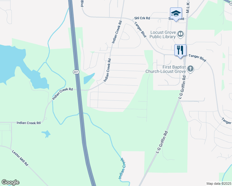 map of restaurants, bars, coffee shops, grocery stores, and more near 142 Chickasaw Drive in Locust Grove