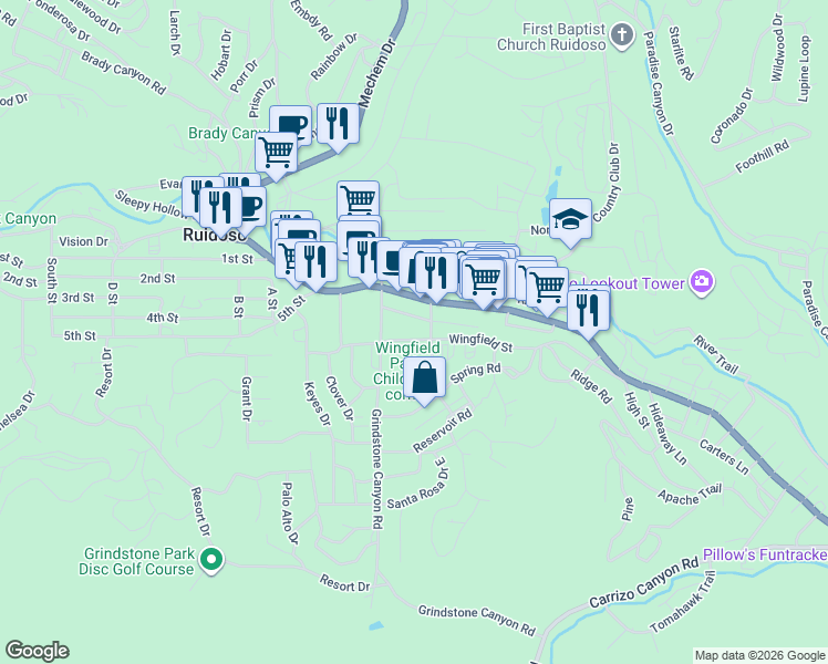 map of restaurants, bars, coffee shops, grocery stores, and more near 595-611 Wingfield Street in Ruidoso