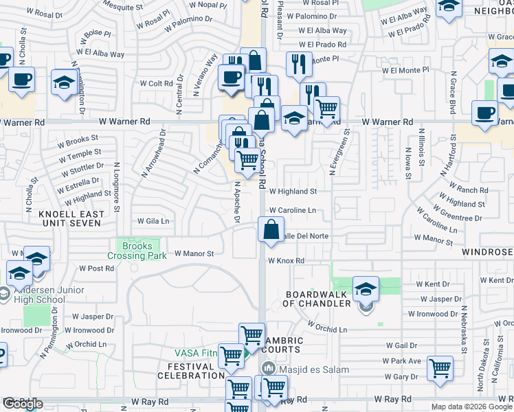 map of restaurants, bars, coffee shops, grocery stores, and more near 1601 North Chippewa Drive in Chandler