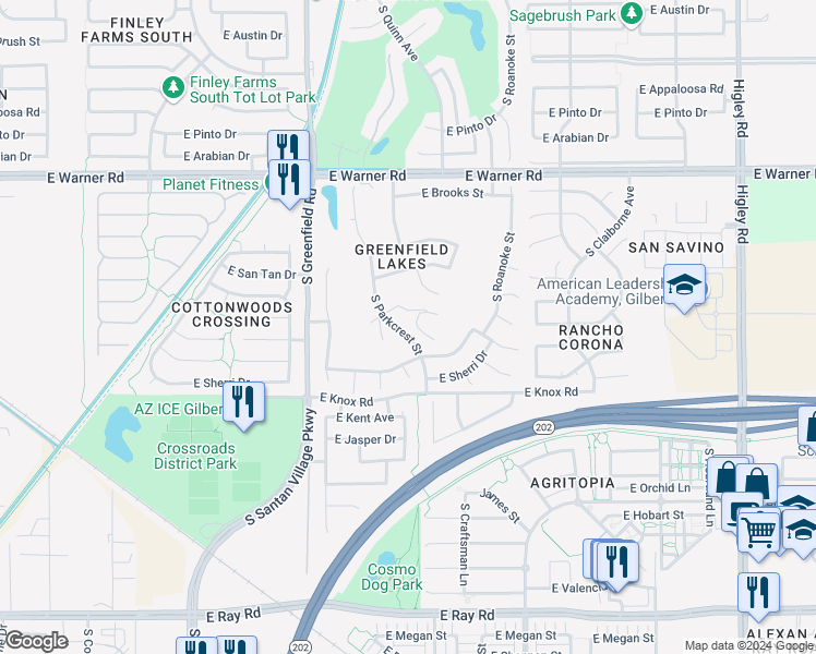map of restaurants, bars, coffee shops, grocery stores, and more near 1087 South Parkcrest Street in Gilbert