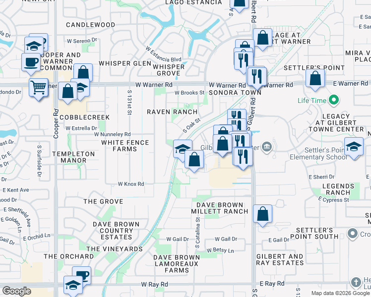 map of restaurants, bars, coffee shops, grocery stores, and more near 1000 South Gilbert Road in Gilbert