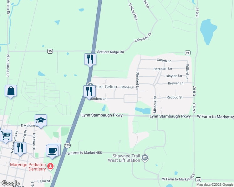 map of restaurants, bars, coffee shops, grocery stores, and more near 1249 Stone Lane in Celina