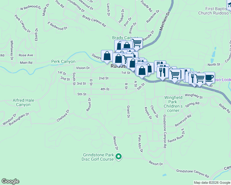 map of restaurants, bars, coffee shops, grocery stores, and more near Pine Lodge Drive in Ruidoso