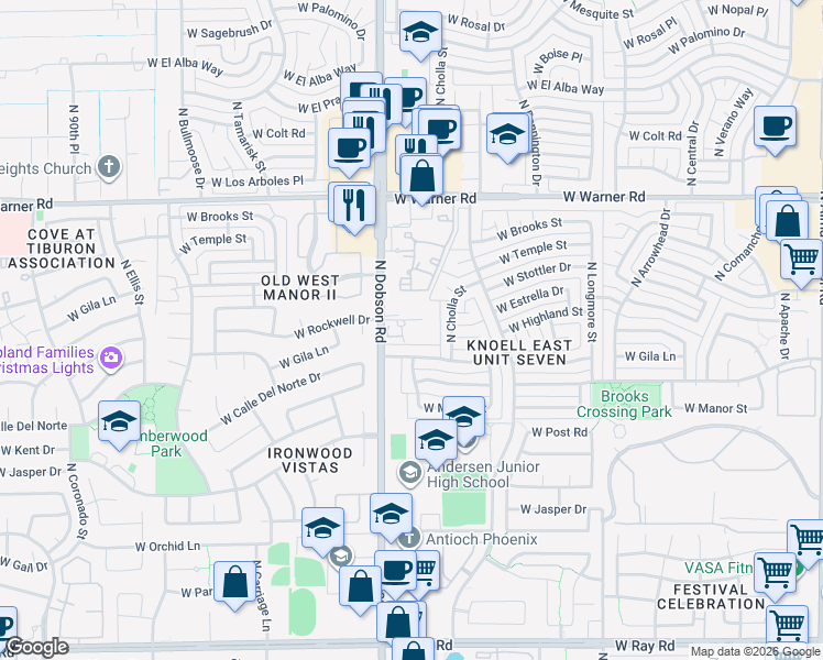 map of restaurants, bars, coffee shops, grocery stores, and more near 1535 North Dobson Road in Chandler