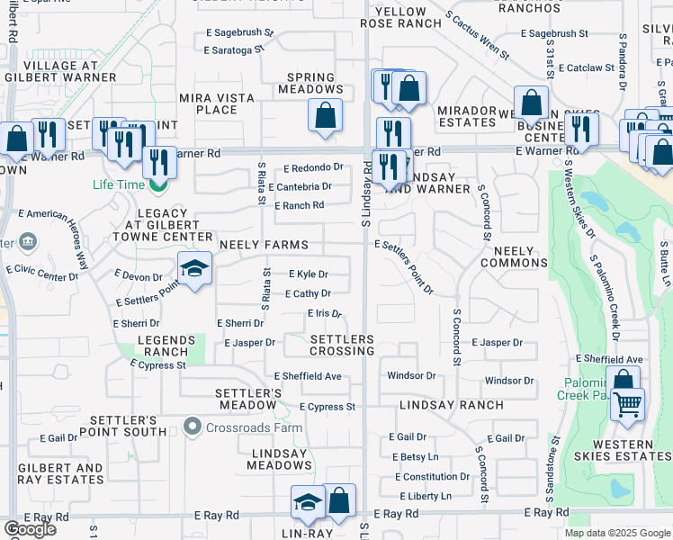 map of restaurants, bars, coffee shops, grocery stores, and more near 758 East Devon Drive in Gilbert