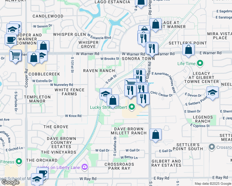 map of restaurants, bars, coffee shops, grocery stores, and more near 979 South Oak Street in Gilbert