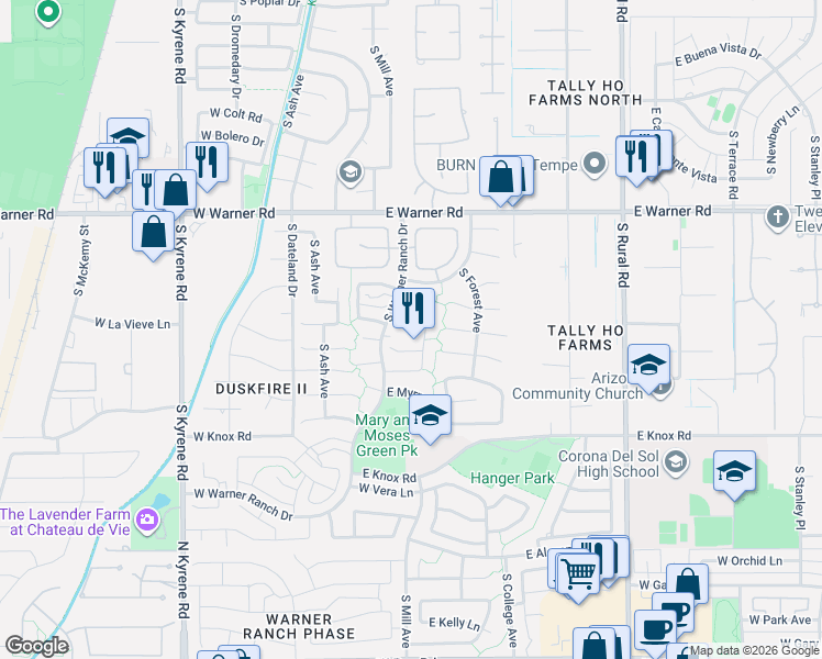 map of restaurants, bars, coffee shops, grocery stores, and more near 80 East Greentree Drive in Tempe