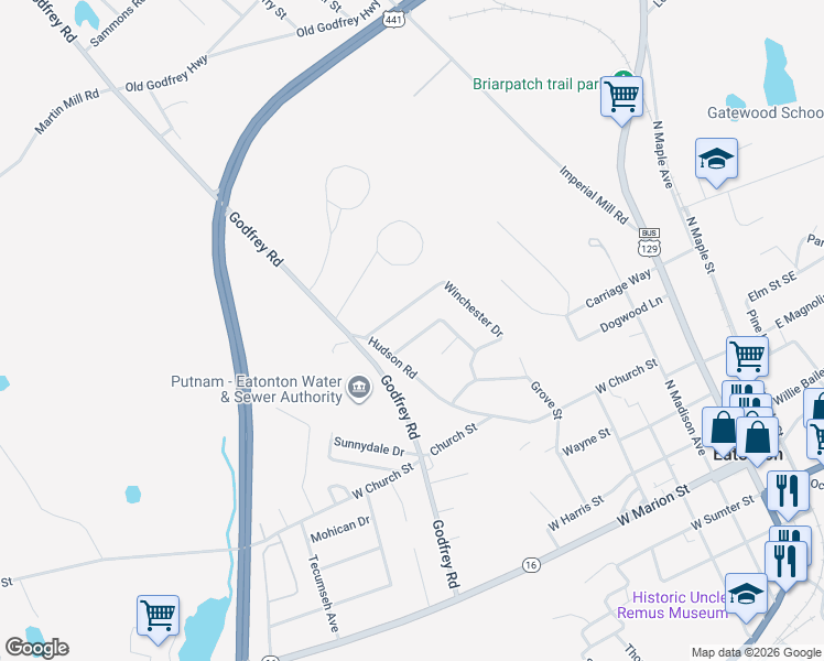 map of restaurants, bars, coffee shops, grocery stores, and more near 307 Winchester Drive in Eatonton