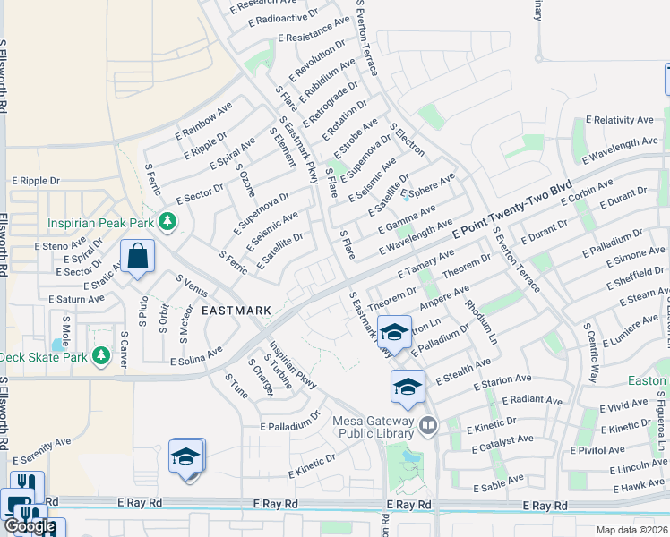 map of restaurants, bars, coffee shops, grocery stores, and more near 4606 South Flare in Mesa