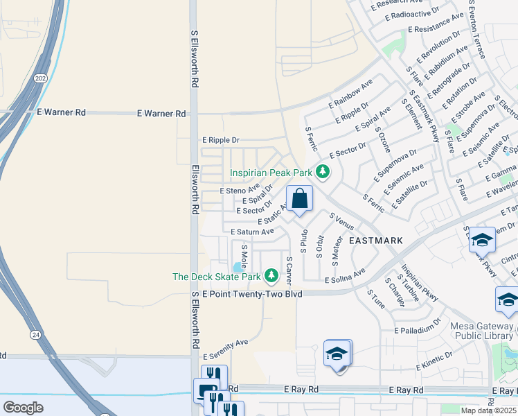 map of restaurants, bars, coffee shops, grocery stores, and more near Unnamed Road in Mesa