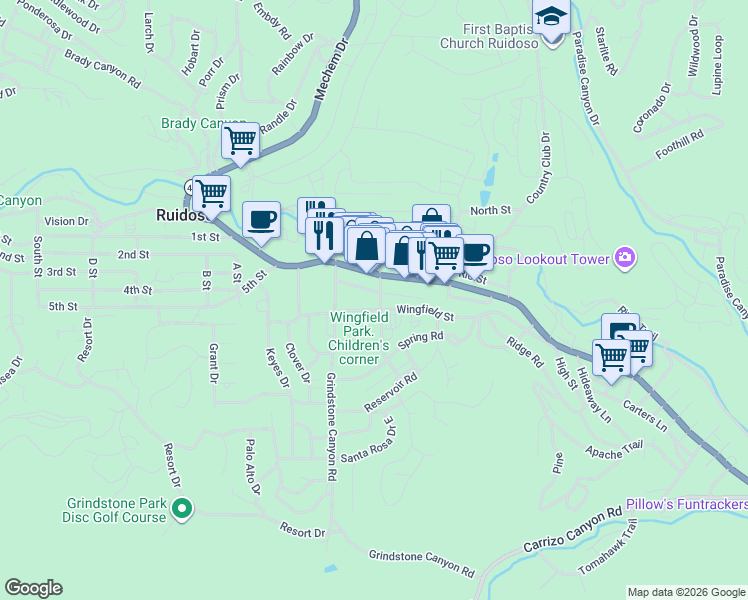 map of restaurants, bars, coffee shops, grocery stores, and more near 2609 Sudderth Drive in Ruidoso