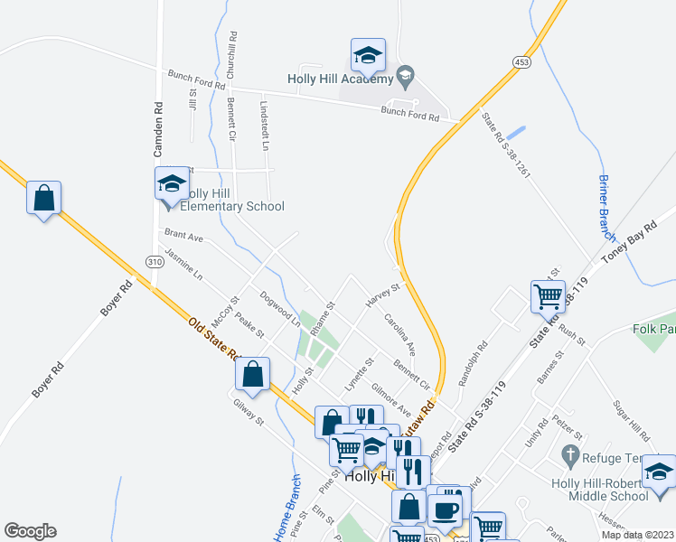 map of restaurants, bars, coffee shops, grocery stores, and more near 1 Rhame Street in Holly Hill