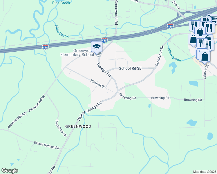 map of restaurants, bars, coffee shops, grocery stores, and more near 1098 Hillcrest Drive in Bessemer