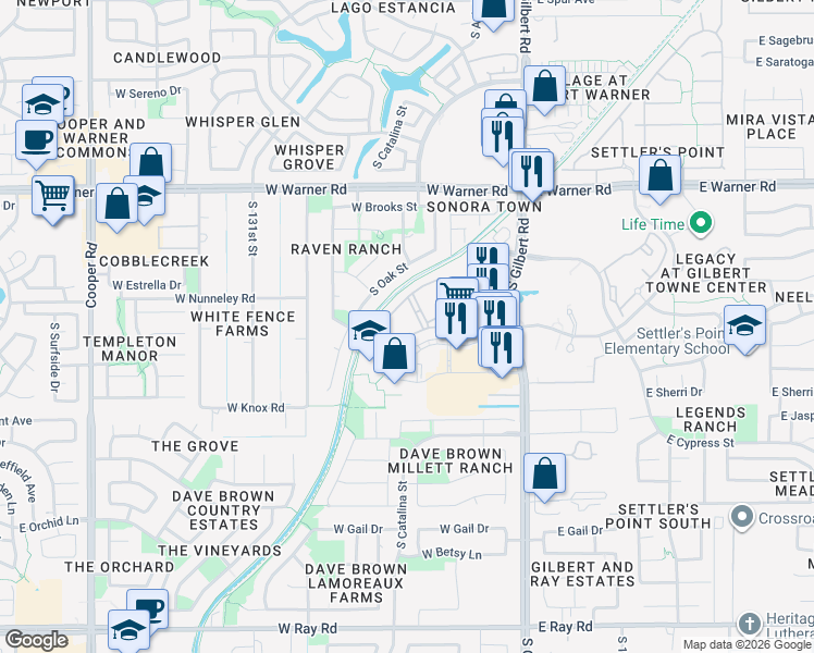 map of restaurants, bars, coffee shops, grocery stores, and more near 1000 South Gilbert Road in Gilbert