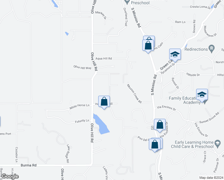 map of restaurants, bars, coffee shops, grocery stores, and more near 2435 La Tara Lane in Fallbrook
