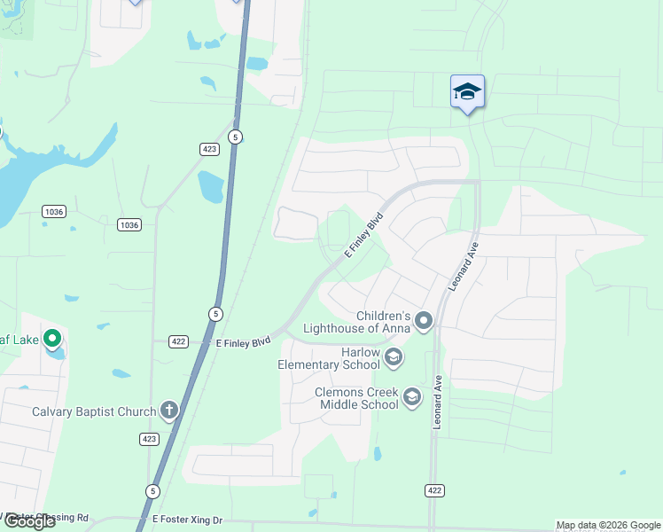 map of restaurants, bars, coffee shops, grocery stores, and more near East Finley Boulevard in Anna