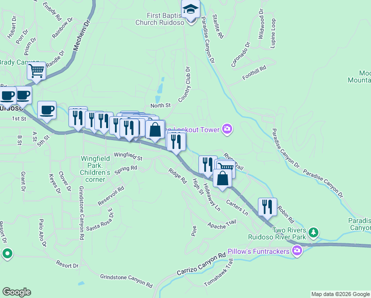 map of restaurants, bars, coffee shops, grocery stores, and more near 224 Country Club Drive in Ruidoso