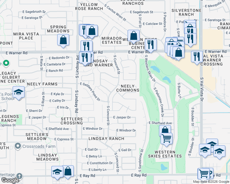 map of restaurants, bars, coffee shops, grocery stores, and more near 1055 East Stottler Court in Gilbert