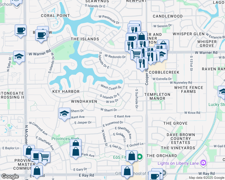 map of restaurants, bars, coffee shops, grocery stores, and more near 948 West Coast Drive in Gilbert