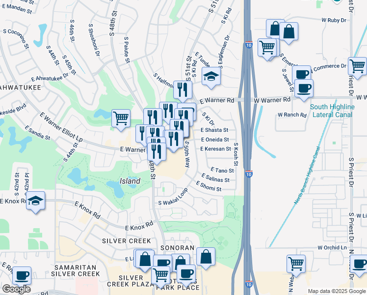 map of restaurants, bars, coffee shops, grocery stores, and more near 4855 Warner Road in Phoenix