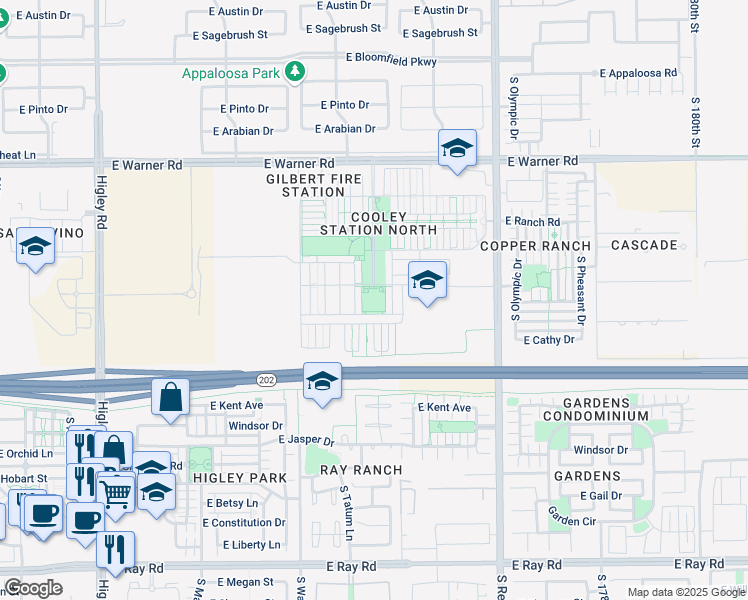 map of restaurants, bars, coffee shops, grocery stores, and more near 3749 East Elona Drive in Gilbert