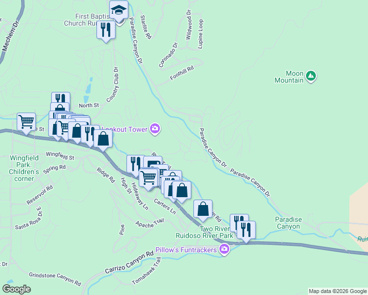 map of restaurants, bars, coffee shops, grocery stores, and more near 303 Pearl Avenue in Ruidoso