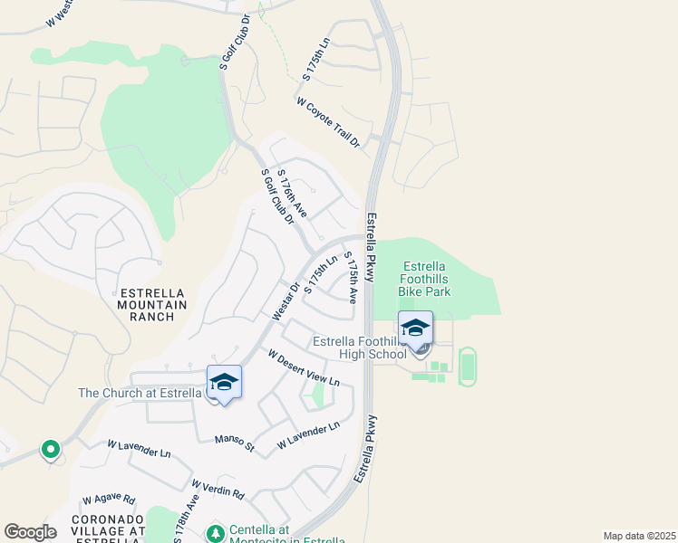 map of restaurants, bars, coffee shops, grocery stores, and more near 12657 South 175th Lane in Goodyear
