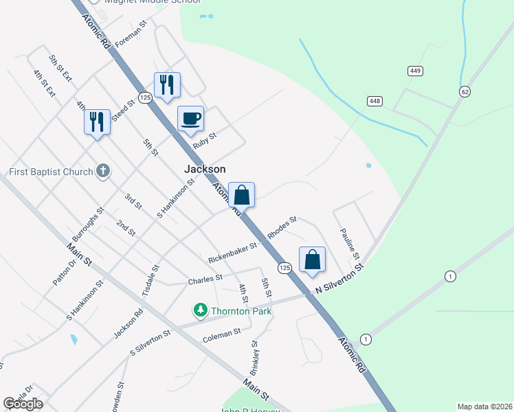 map of restaurants, bars, coffee shops, grocery stores, and more near 131 Atomic Road in Jackson
