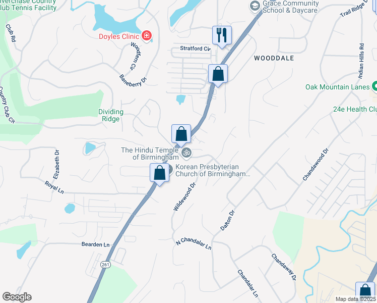 map of restaurants, bars, coffee shops, grocery stores, and more near 107 Windsor Ridge Drive in Pelham
