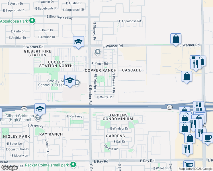 map of restaurants, bars, coffee shops, grocery stores, and more near 1027 South Olympic Drive in Gilbert