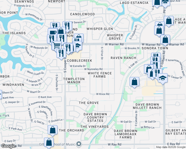 map of restaurants, bars, coffee shops, grocery stores, and more near 1019 South 130th Street in Gilbert