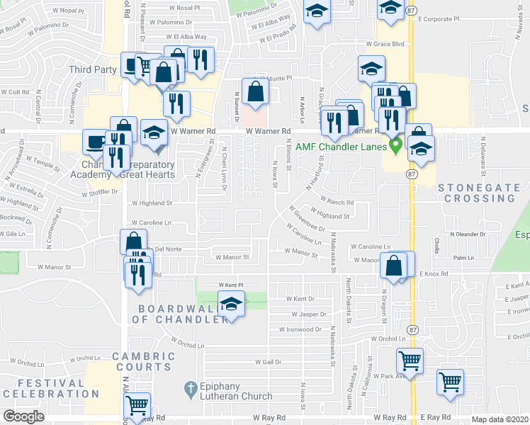 map of restaurants, bars, coffee shops, grocery stores, and more near 1886 North Iowa Street in Chandler