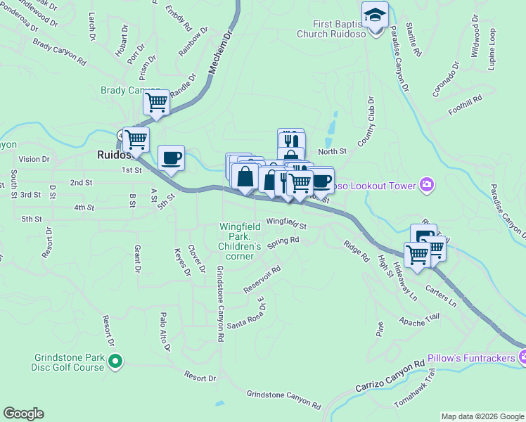 map of restaurants, bars, coffee shops, grocery stores, and more near 2527 Sudderth Drive in Ruidoso