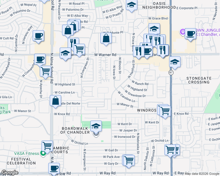 map of restaurants, bars, coffee shops, grocery stores, and more near 1886 North Iowa Street in Chandler