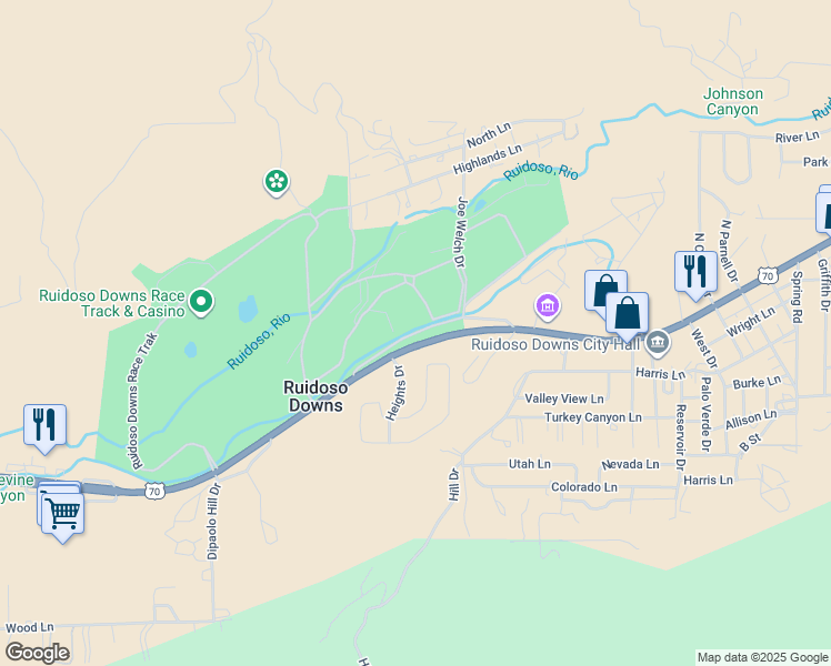 map of restaurants, bars, coffee shops, grocery stores, and more near Service Ln in Ruidoso Downs