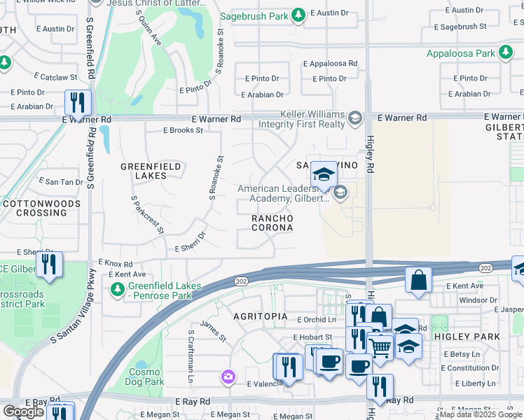 map of restaurants, bars, coffee shops, grocery stores, and more near 2891 East Estrella Court in Gilbert