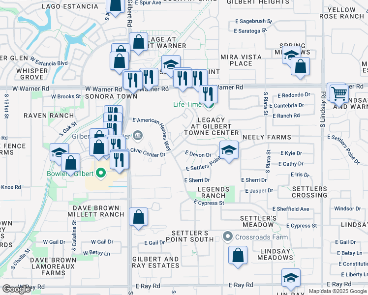 map of restaurants, bars, coffee shops, grocery stores, and more near 262 East Nunneley Road in Gilbert