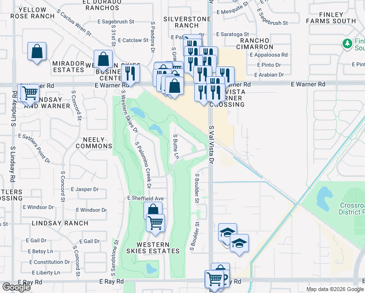 map of restaurants, bars, coffee shops, grocery stores, and more near 1512 East Sunrise Way in Gilbert