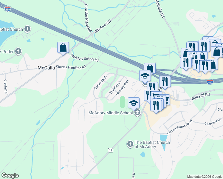 map of restaurants, bars, coffee shops, grocery stores, and more near 6095 Townley Court in McCalla